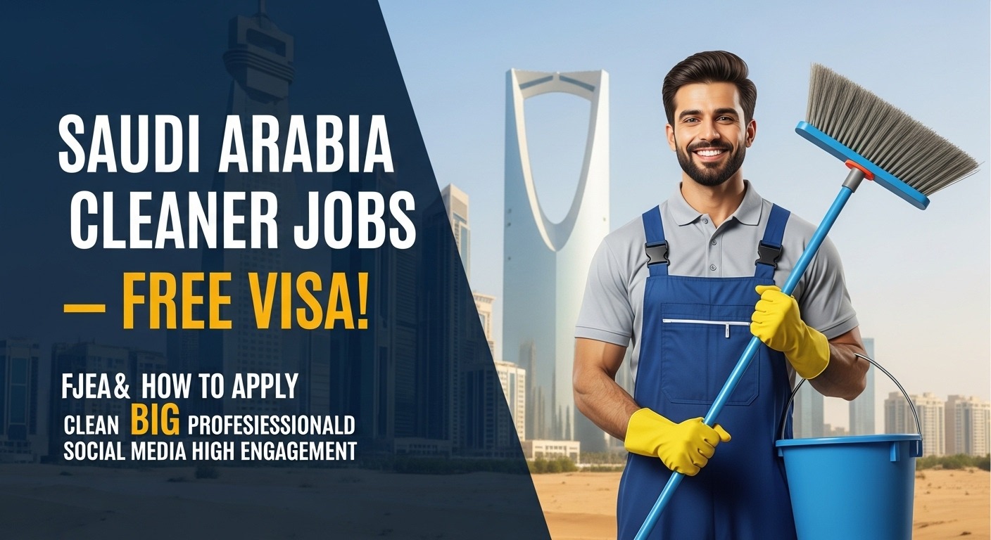 Cleaner in uniform holding cleaning tools with Saudi Arabia skyline in background – Free Visa Saudi Arabia Cleaner Jobs guide.”