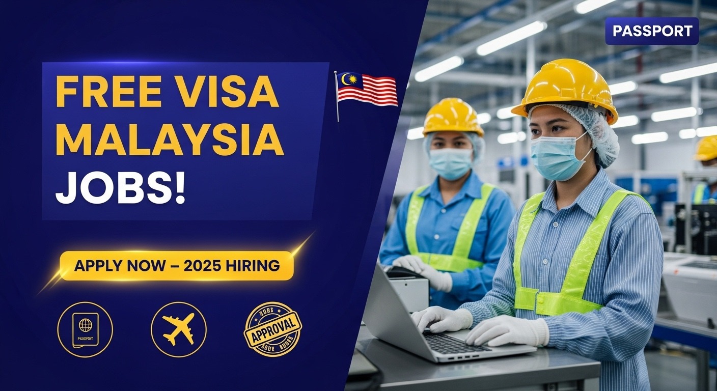 Realistic image of factory workers in Malaysia with bold text promoting free visa factory jobs and 2025 hiring opportunities of Free Visa Factory Jobs in Malaysia?