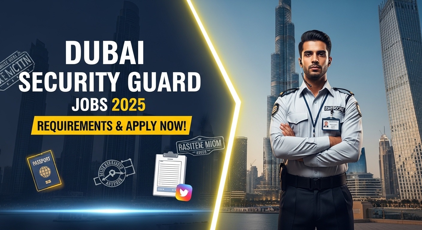 Realistic image of a security guard in Dubai with bold text promoting dubai security guard jobs, requirements, and application guide