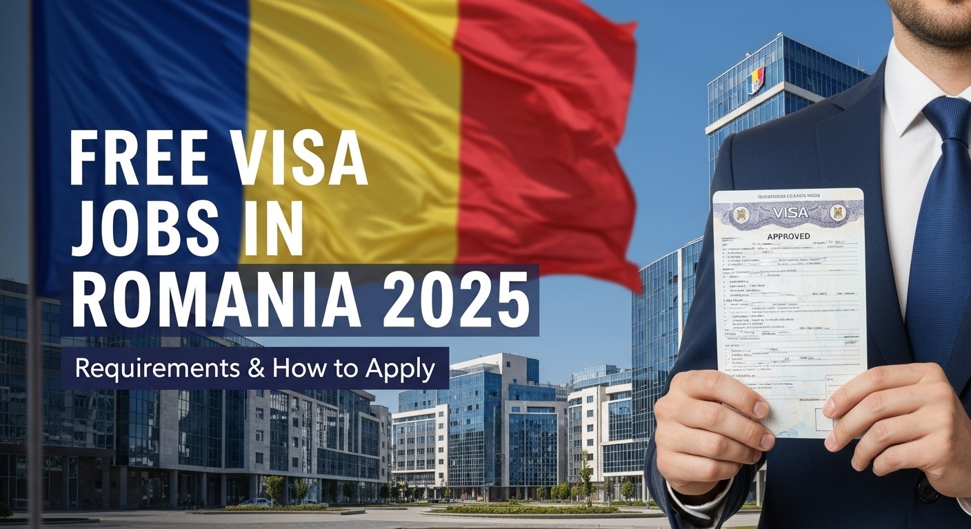 “Foreign worker holding Romania visa approval documents with Romanian flag and city background — Free Visa Jobs in Romania.