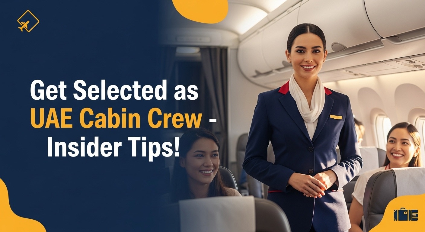 “Confident Female Cabin Crew Jobs in UAE in uniform standing inside an airplane cabin, smiling, with passengers in the background, highlighting UAE airline jobs for females.”