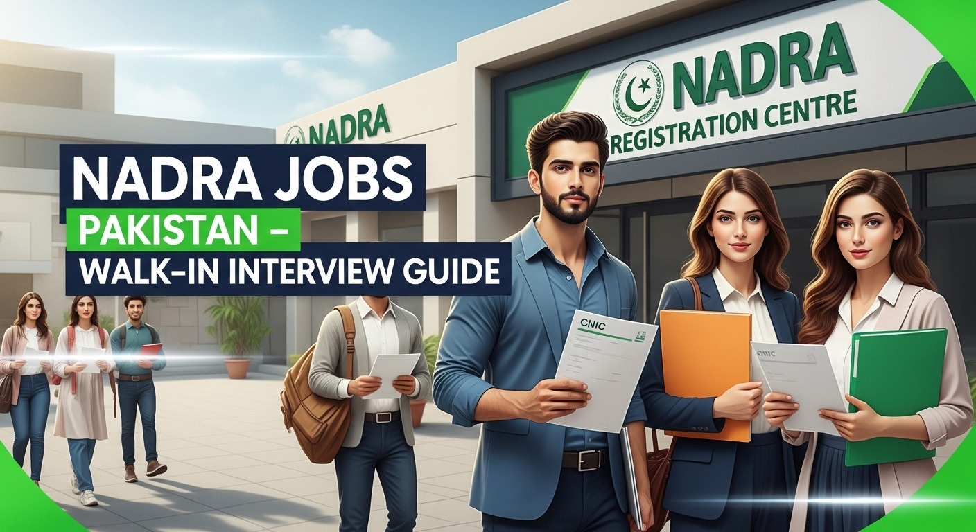“Young Pakistani applicants standing outside a NADRA center holding documents, with bold headline text ‘NADRA Jobs Pakistan – Walk-in Interview Guide’ in a clean, high-CTR graphic style.”